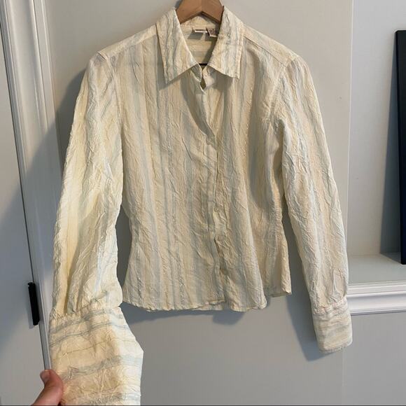 Johnny Cotton Pastel Yellow Blue Metallic Stripe Button Front Top Blouse 2 - Picture 14 of 14